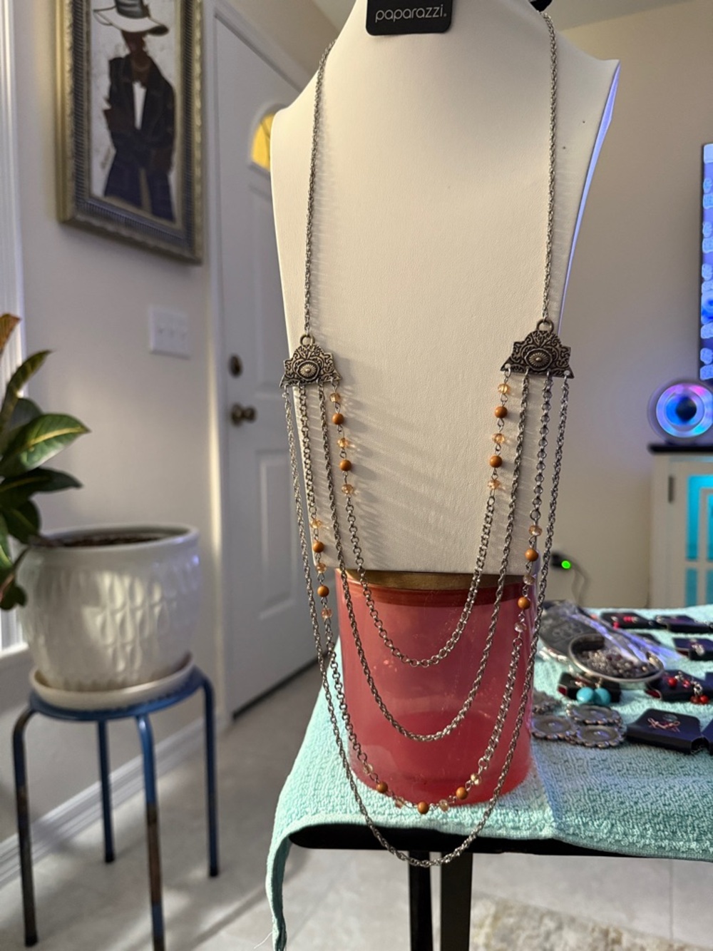 Paparazzi Silver Multi-Strand Necklace with Amber Beads